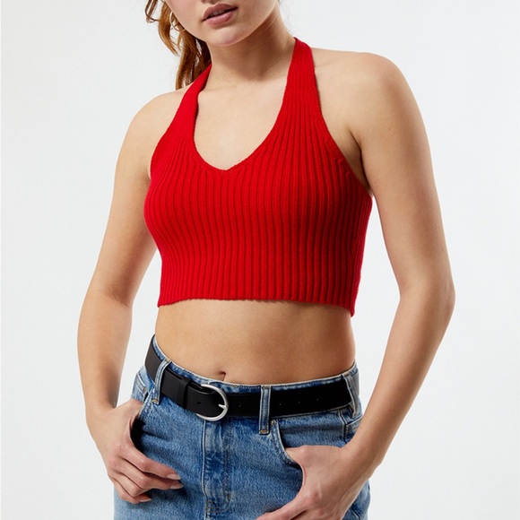 Red Ribbed pixie Halter Crop Top - Picture 2 of 4